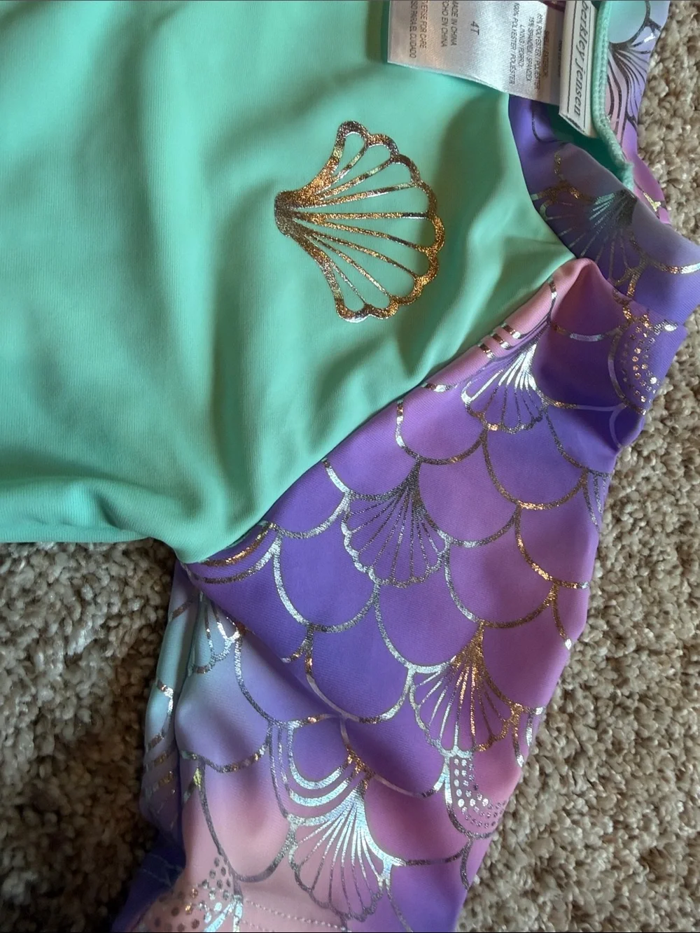 Toddler girl 4T - Mermaid One-Piece Swimsuit with short sleeved Rash Guard.